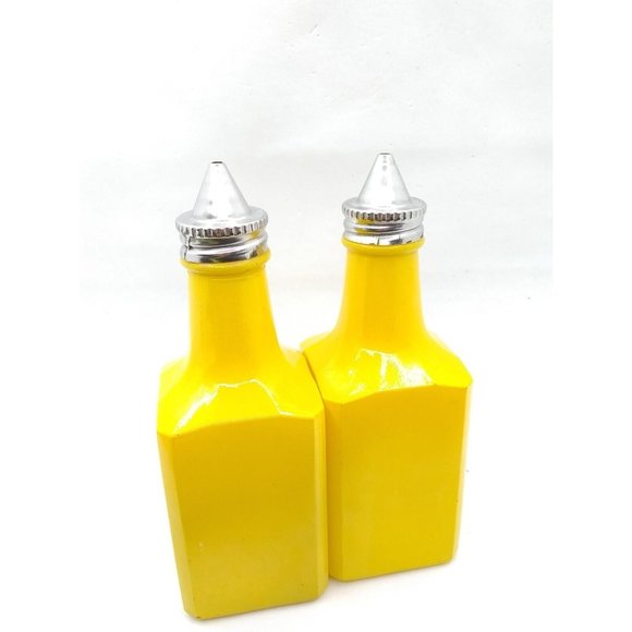 Vintage Retro set of 2 GEMCO USA  Oil & Vinegar yellow glass cruet bottles READ - Picture 12 of 12